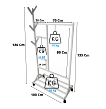 Perchero colgador multiusos con ruedas,  portatil, madera maciza color blanco