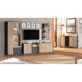 Vitrina Alta en Roble Artisan y Negro con Puerta Estrecha, Puerta Acristalada y 2 Cajones - Medidas 86,5x40x195 cm