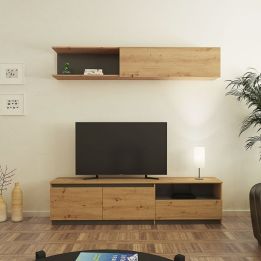 Mueble de TV de Diseño + Modulo Alto de Almacenamiento y 2 Puertas,Roble y Gris 85 cm(Alto) x 200cm (Ancho) x 40cm (Fondo)