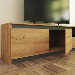 Mueble de TV de Diseño + Modulo Alto de Almacenamiento y 2 Puertas,Roble y Gris 85 cm(Alto) x 200cm (Ancho) x 40cm (Fondo)