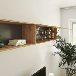 Mueble de TV de Diseño + Modulo Alto de Almacenamiento y 2 Puertas,Roble y Gris 85 cm(Alto) x 200cm (Ancho) x 40cm (Fondo)